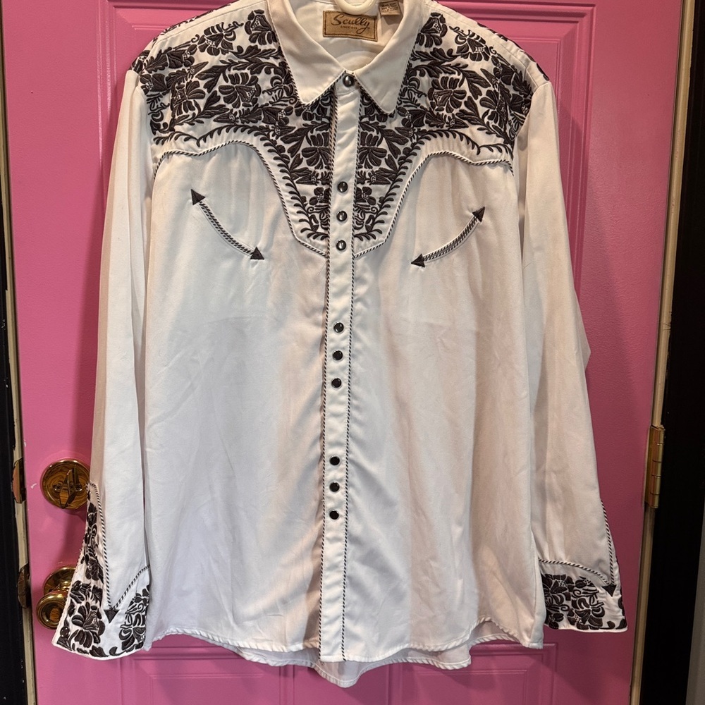 Scully Black and‎ White Dress Shirt with Ornate Print and Pearl Snap - XL